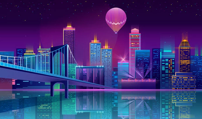 未来科技科幻霓虹灯渐变绚丽城市建筑夜景灯光插画AI/PSD设计素材100套【055】